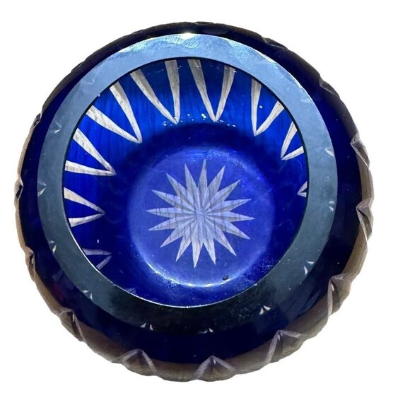 Vintage Czech Glass Cobalt Blue Rose Bowl Cut to Clear‎ c.1965 - Picture 2 of 4